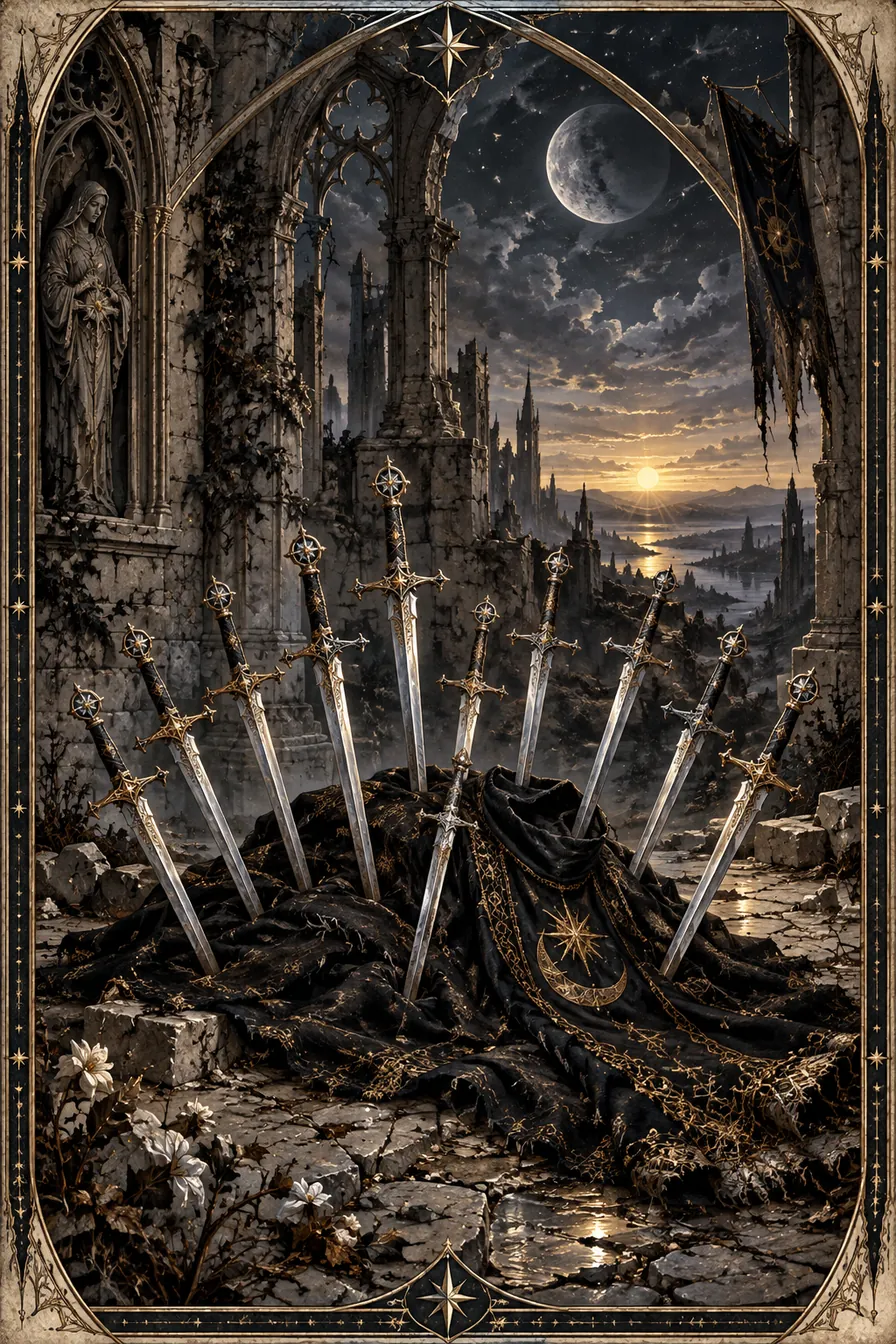 Ten of Swords: The ten swords make finality visible while the returning light suggests that an ending is not the whole horizon.