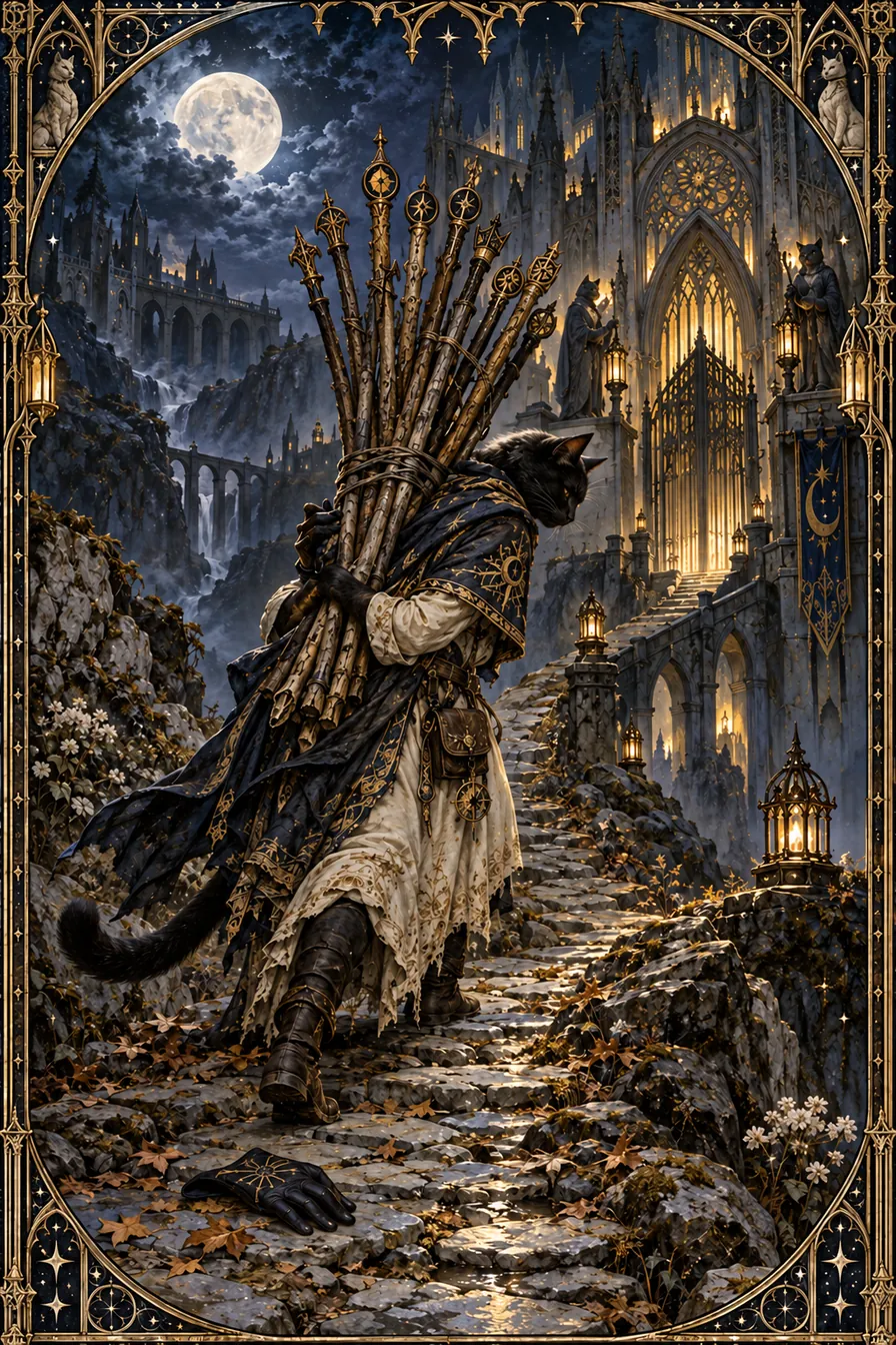 Ten of Wands: The gathered wands become a weight that obscures the path, showing how duty can crowd out direction.