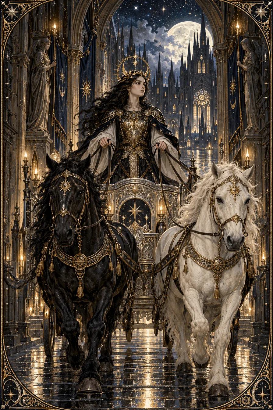 The Chariot: The cathedral gateway frames a departure; the chariot gathers contrasting forces into a single, chosen movement.