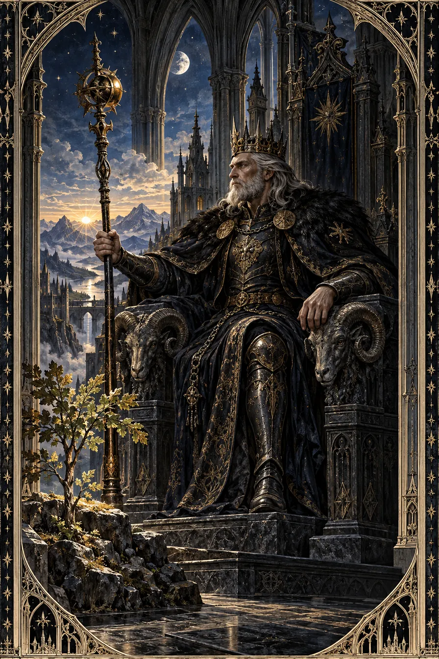 The Emperor: A basalt throne gives weight to the ruler's responsibility; enduring stone asks whether authority protects what it holds.