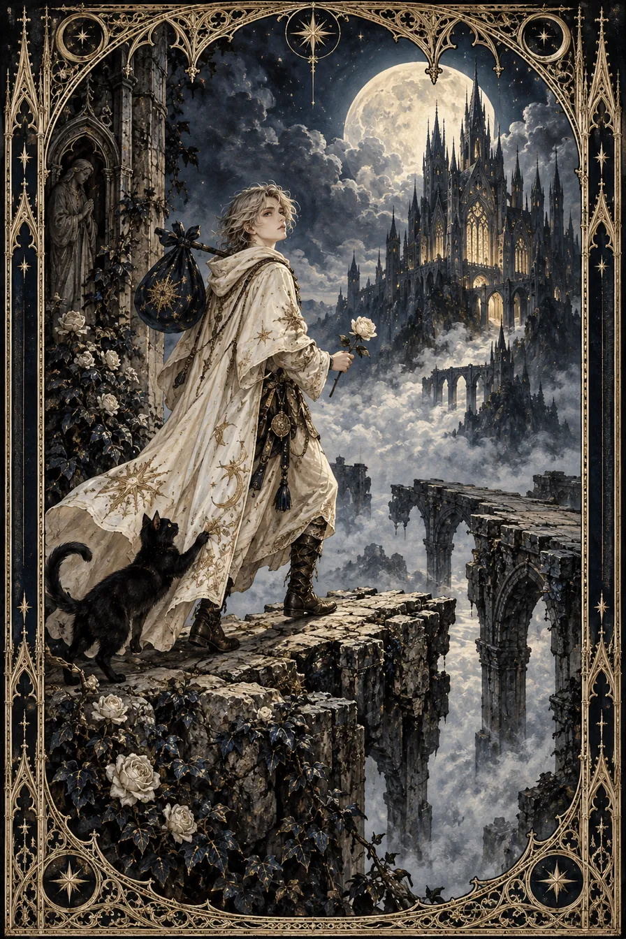 The Fool: The moonlit crossing is a threshold between the familiar and the unknown; the small companion embodies instinct that travels with us.