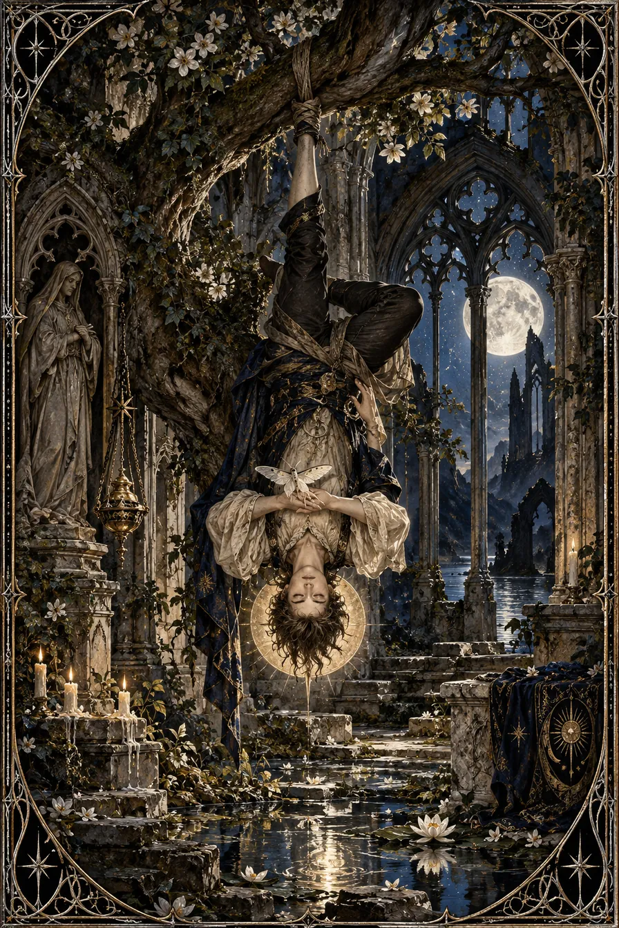 The Hanged Man: The suspended figure changes the chapel's ordinary orientation, making stillness an active experiment in perspective.