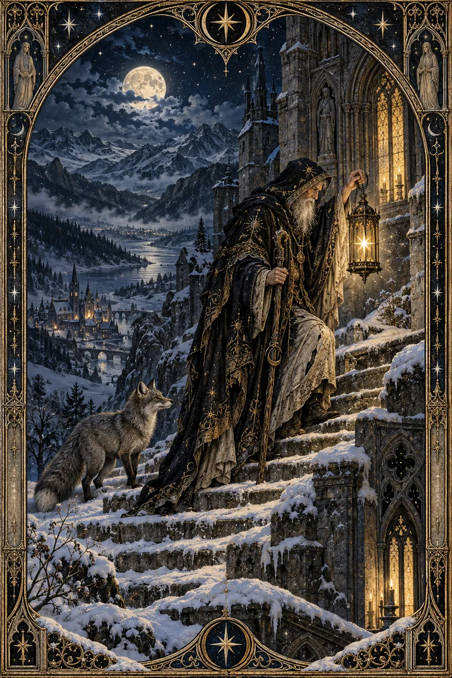 The Hermit: The star lantern illuminates a small circle in the cathedral's shadow, making inner guidance useful one step at a time.