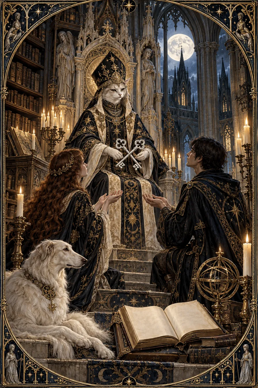 The Hierophant: Silver keys in the Gothic sanctuary represent access to shared knowledge and the responsibility of those who keep it.