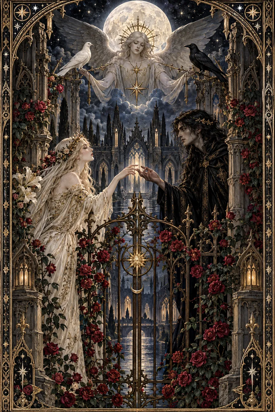 The Lovers: The rose gate holds two figures in one threshold, inviting connection that honors both closeness and individual choice.
