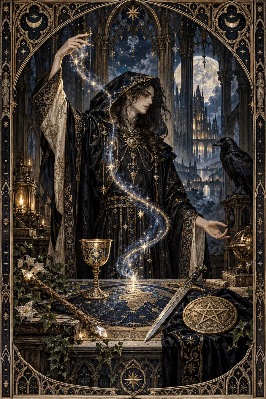 The Magician: The cathedral becomes a workshop of will, where the four suits link imagination with the material world.