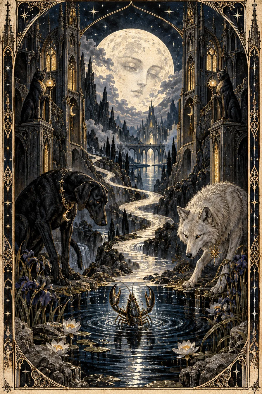 The Moon: The cathedral path under the moon holds ambiguity, reminding the traveler that a compelling shadow is not always a reliable map.
