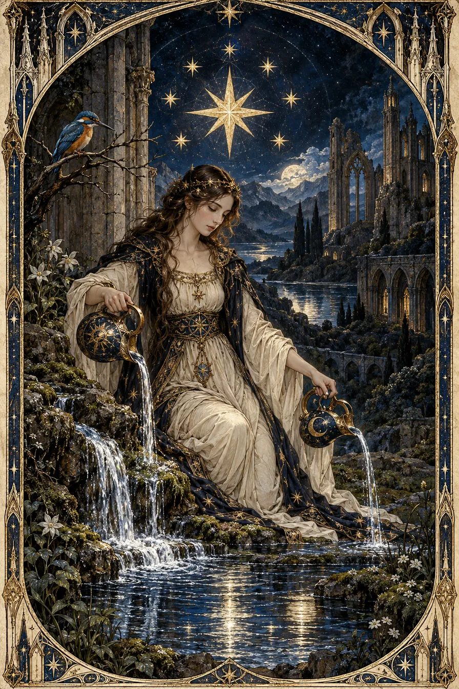 The Star: Starlight over the abbey offers orientation after darkness; the open night invites vulnerability without spectacle.