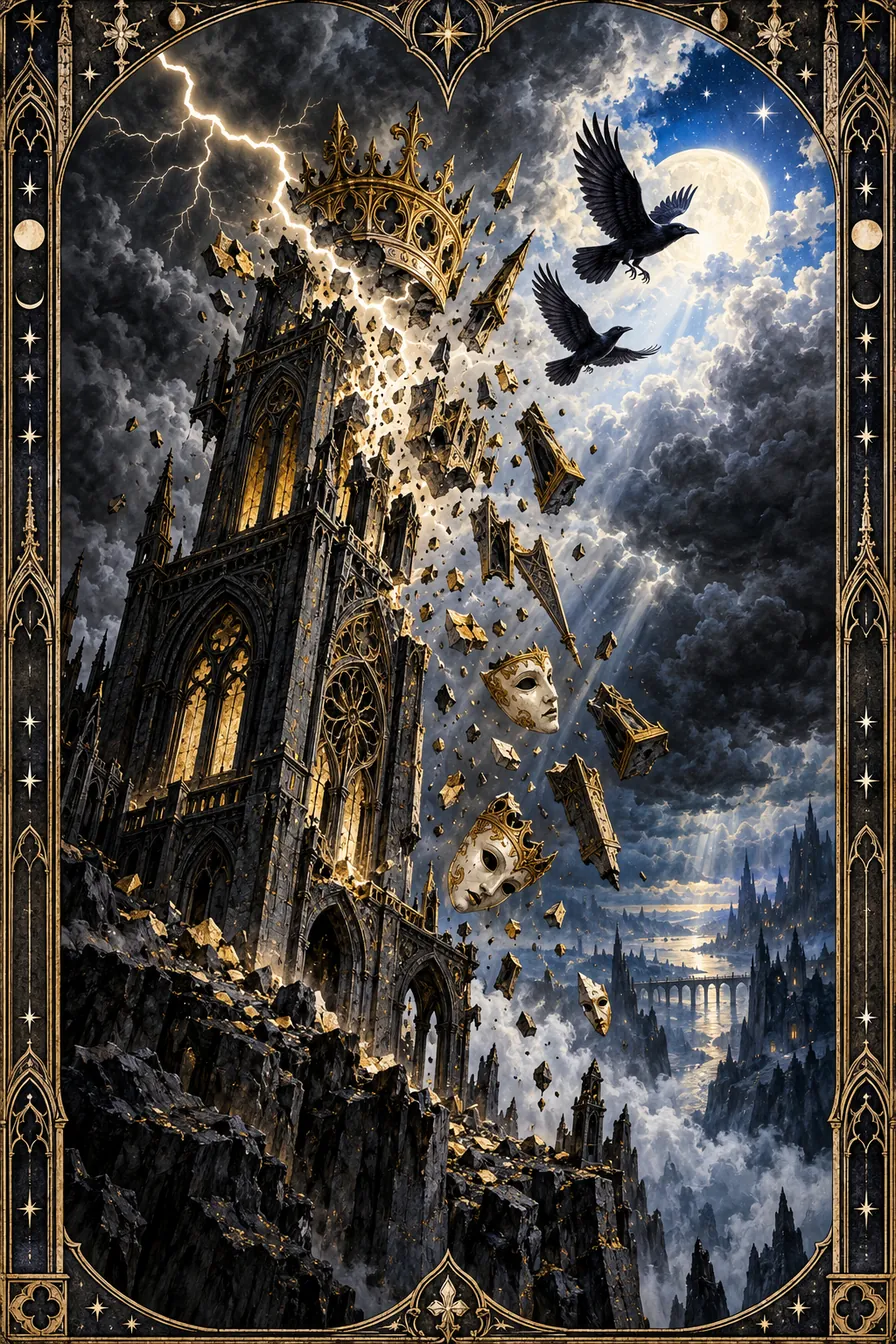 The Tower: The storm-struck tower and scattering ravens reveal the cost of false security and the possibility of a more truthful sky.