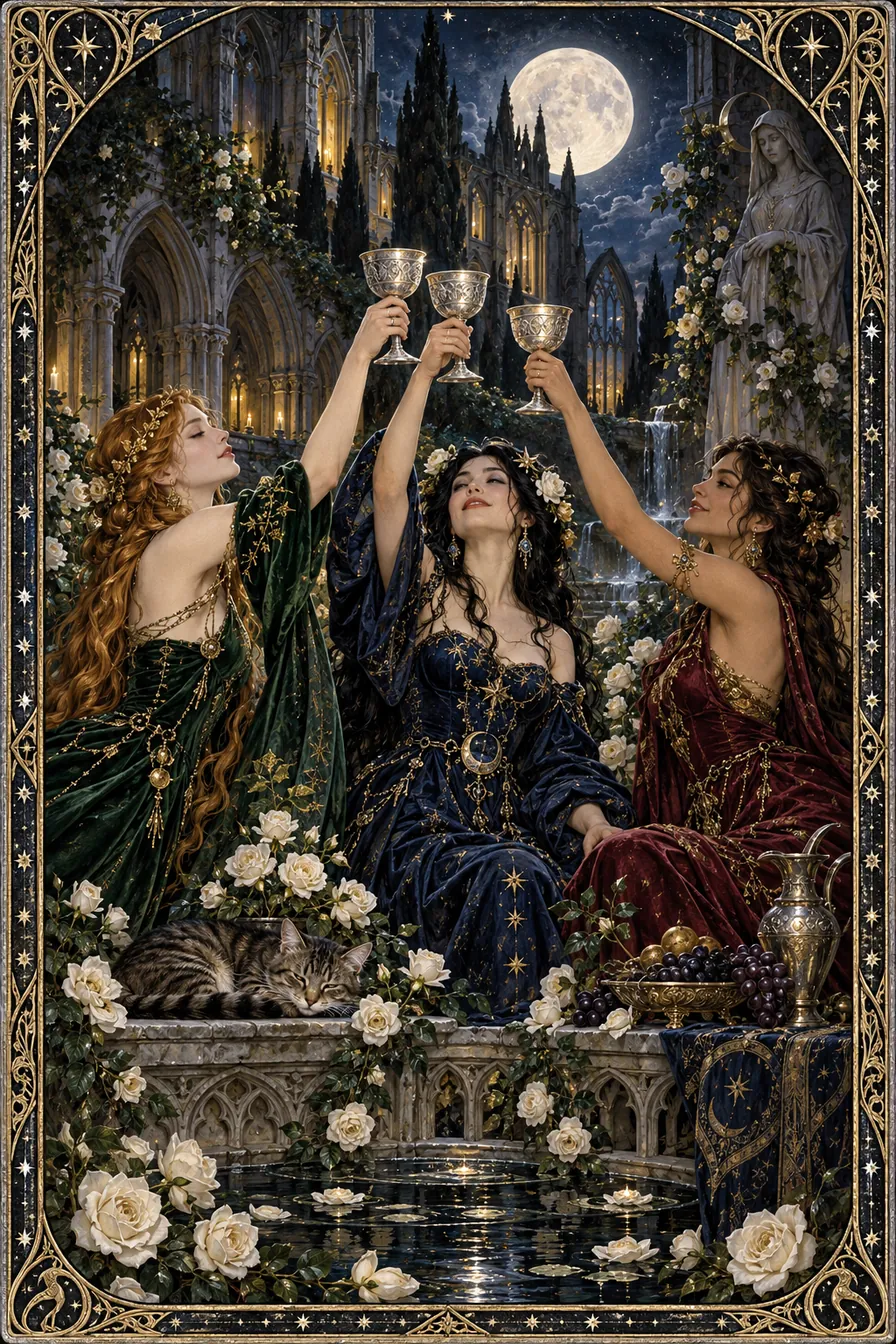 Three of Cups: Three cups form a gathering within the Gothic world, making companionship a shelter rather than a performance.
