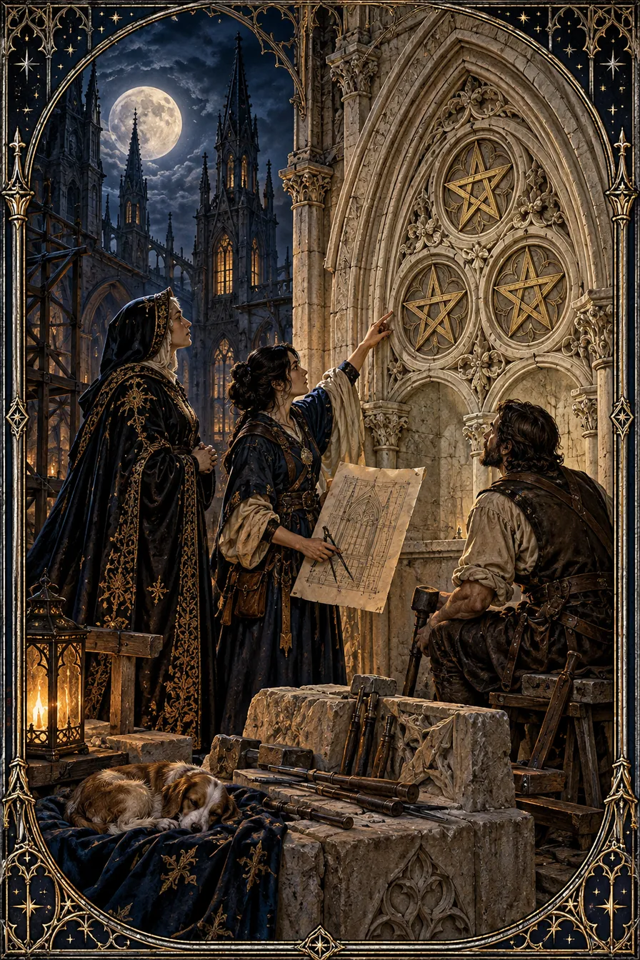 Three of Pentacles: The cathedral's three pentacles honor the craft and cooperation required to raise something larger than one person's effort.