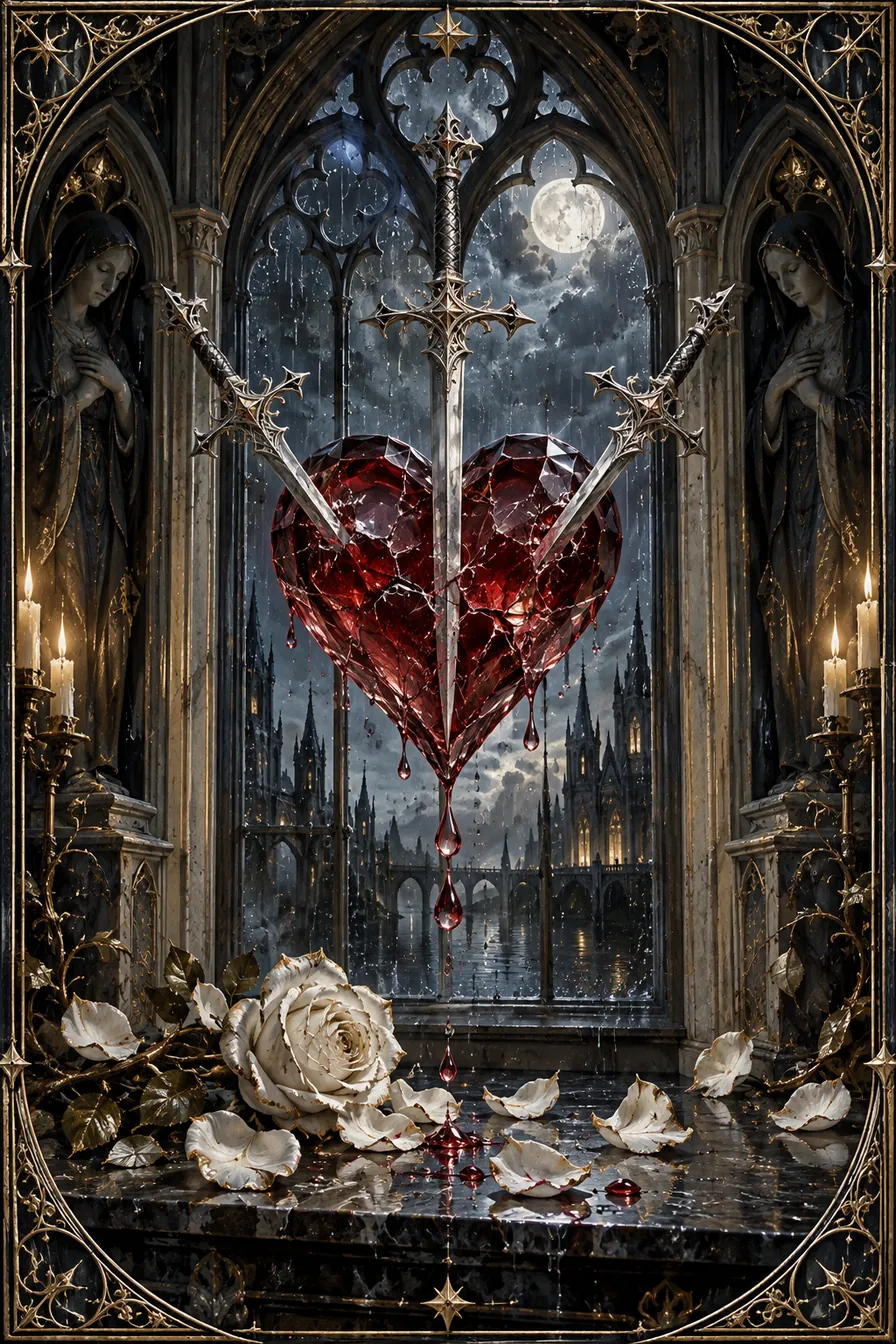 Three of Swords: Three blades give emotional pain a visible shape within the Gothic sanctuary, making acknowledgment possible.