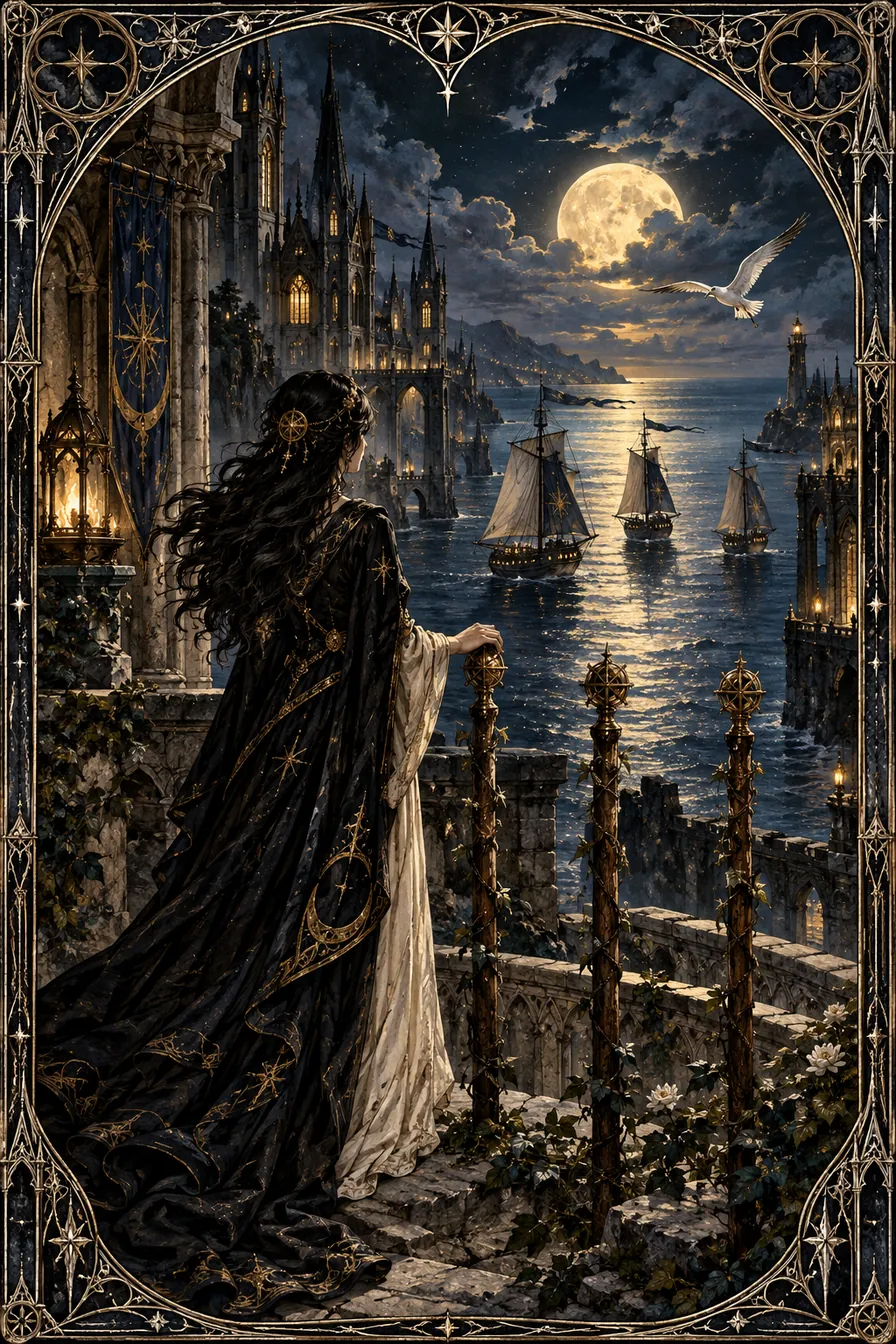Three of Wands: Three wands stand at the edge of the Gothic world, marking the moment when a private vision meets the distance.