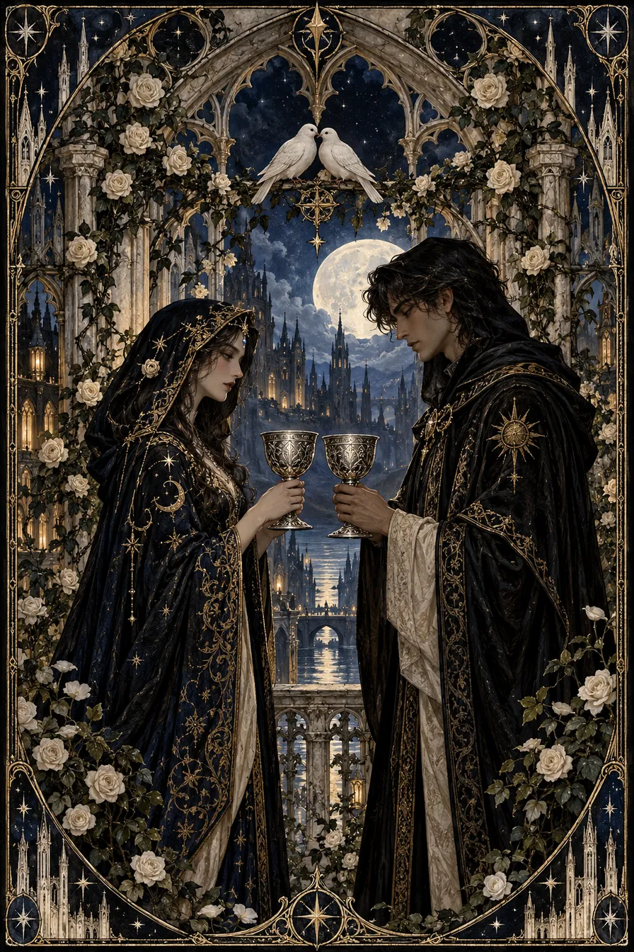 Two of Cups: Two cups create a shared center while leaving each vessel distinct, honoring connection without loss of self.