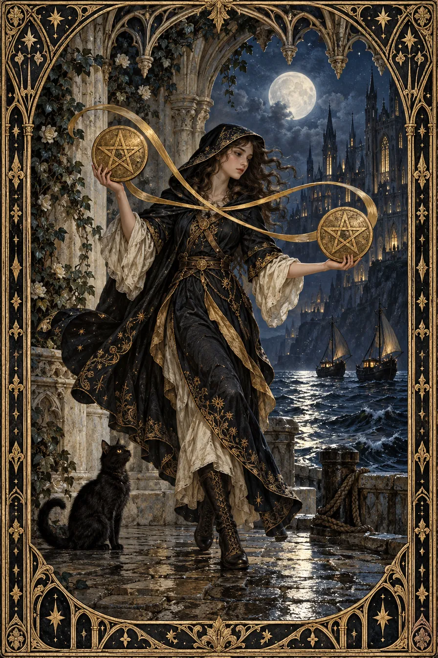 Two of Pentacles: Two gold pentacles held in motion show balance as a practiced rhythm rather than a motionless state.