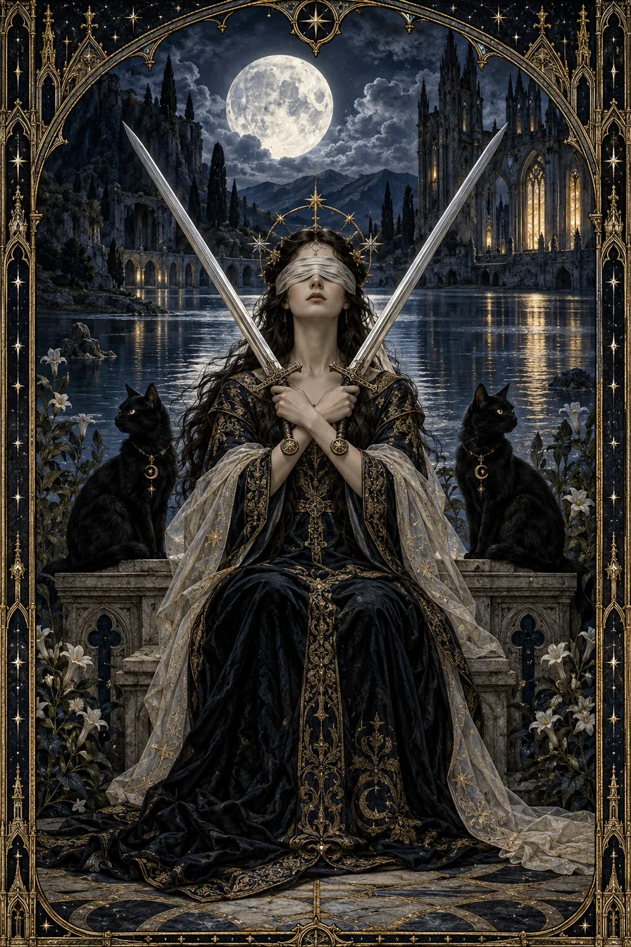 Two of Swords: The paired swords hold tension in stillness, asking whether equilibrium is wisdom or delay.
