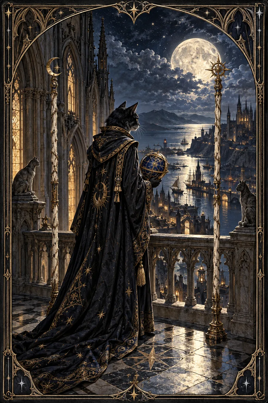 Two of Wands: Two wands frame a view beyond the cloister, making planning a bridge between shelter and departure.