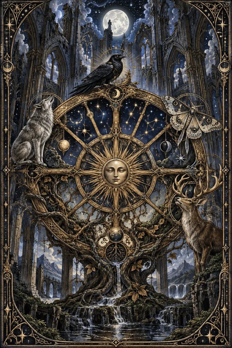 Wheel of Fortune: The great cathedral wheel evokes seasons, chance, and the turning of experience beyond any single person's command.