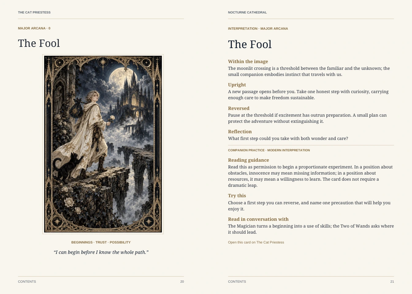 Pages 20 and 21: the full Fool illustration opposite symbolism, upright and reversed meanings, reflection and practical reading guidance