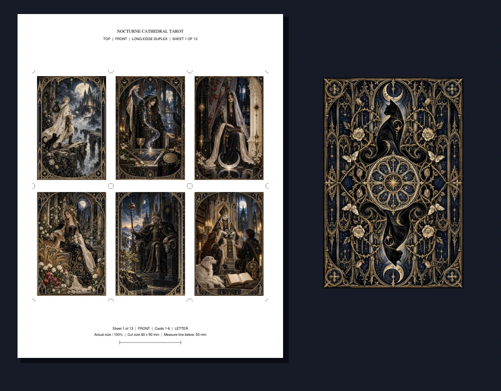 Preview of a Nocturne Cathedral printable front sheet and its matching Gothic card back